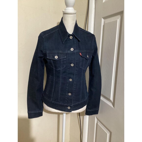 Levis Trucker Denim Jacket Womens Small Dark Indigo Stretch Fitted Button Front - Picture 1 of 7